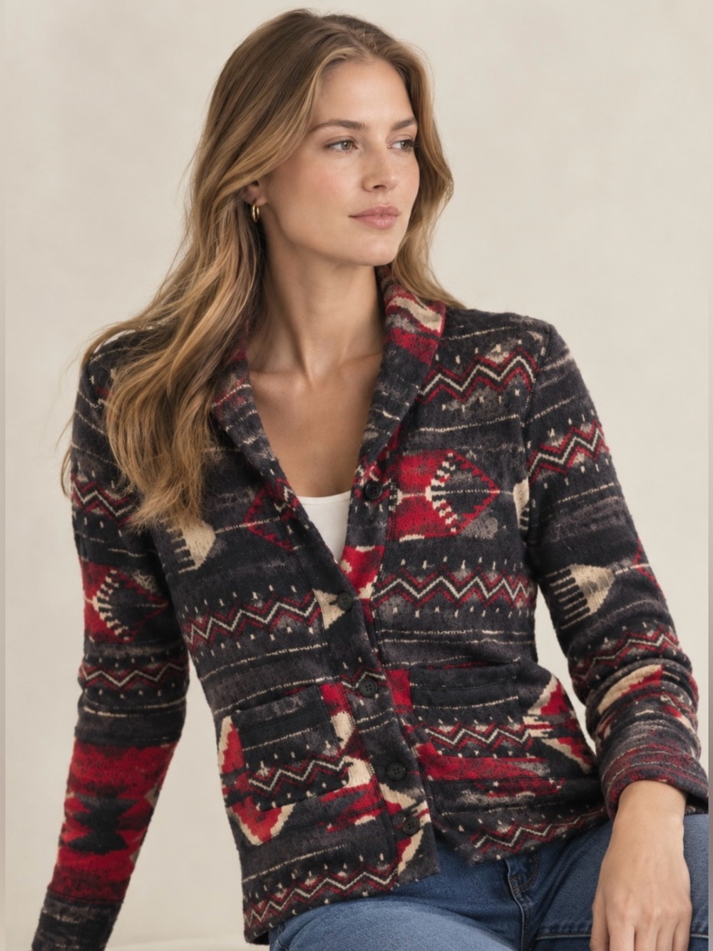 Ralph Lauren Red, Black & Cream Patterned Shawl Collar Jacket